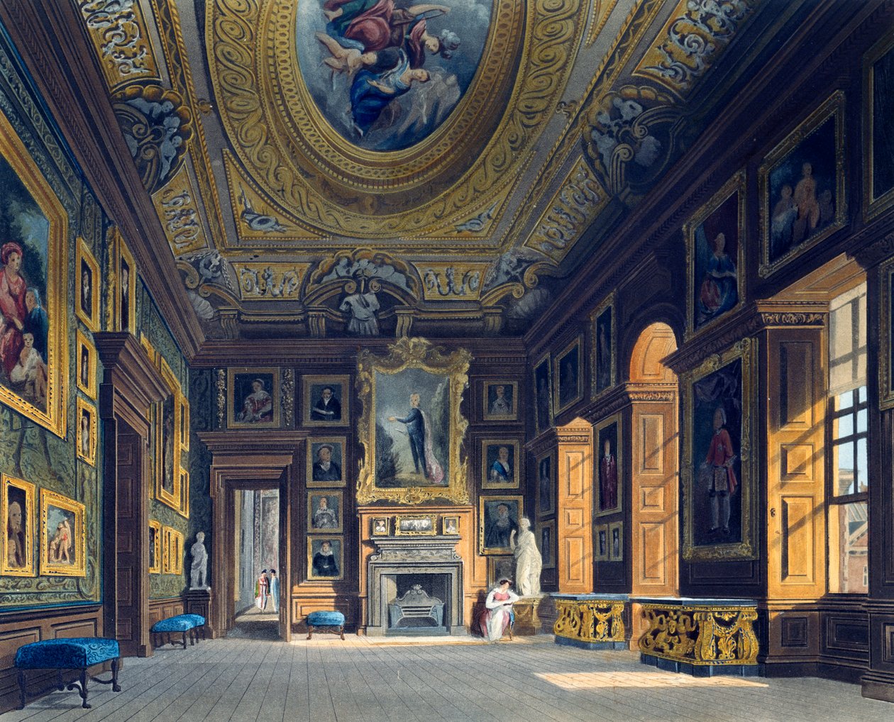 Salotto della regina Carolina, incisione di Thomas Sutherland, basata su un disegno di Charles Wild, da The History of the Royal Residences da Charles (after) Wild