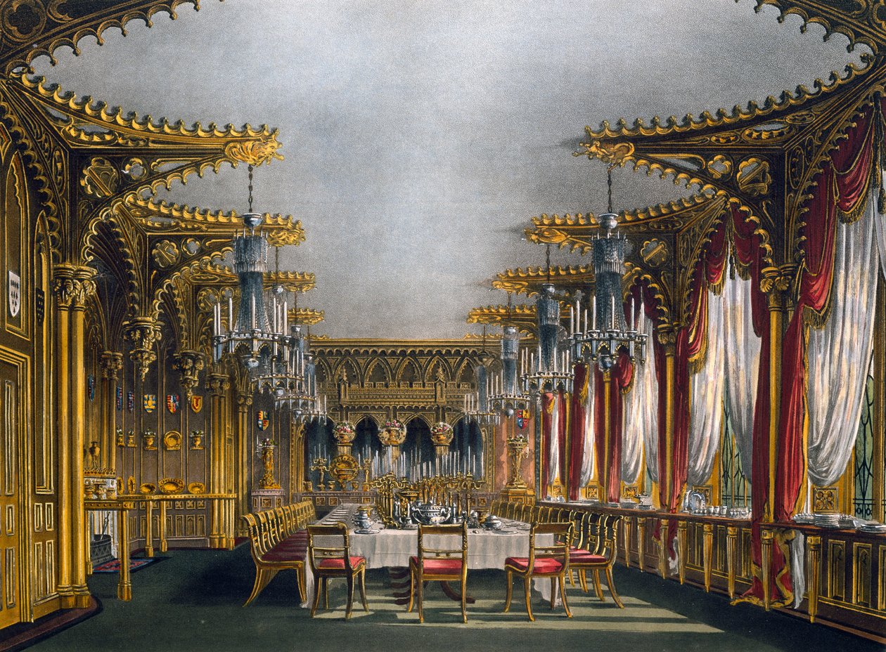 Sala da pranzo gotica, incisione di Thomas Sutherland, basata su un disegno di Charles Wild, da The History of the Royal Residences da Charles (after) Wild