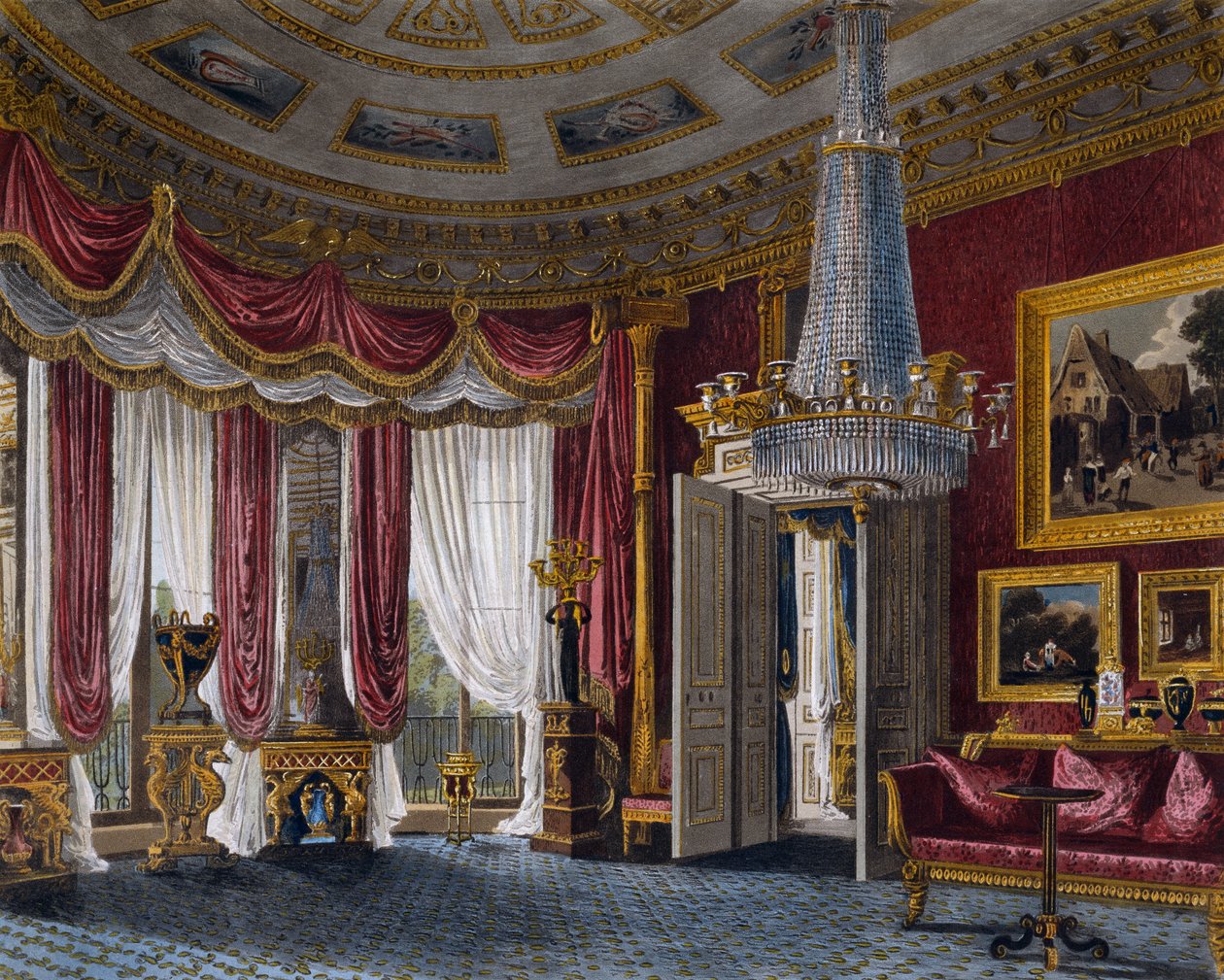 Salotto in raso rosa, incisione di Richard Reeve su disegno di Charles Wild, da The History of the Royal Residences da Charles (after) Wild