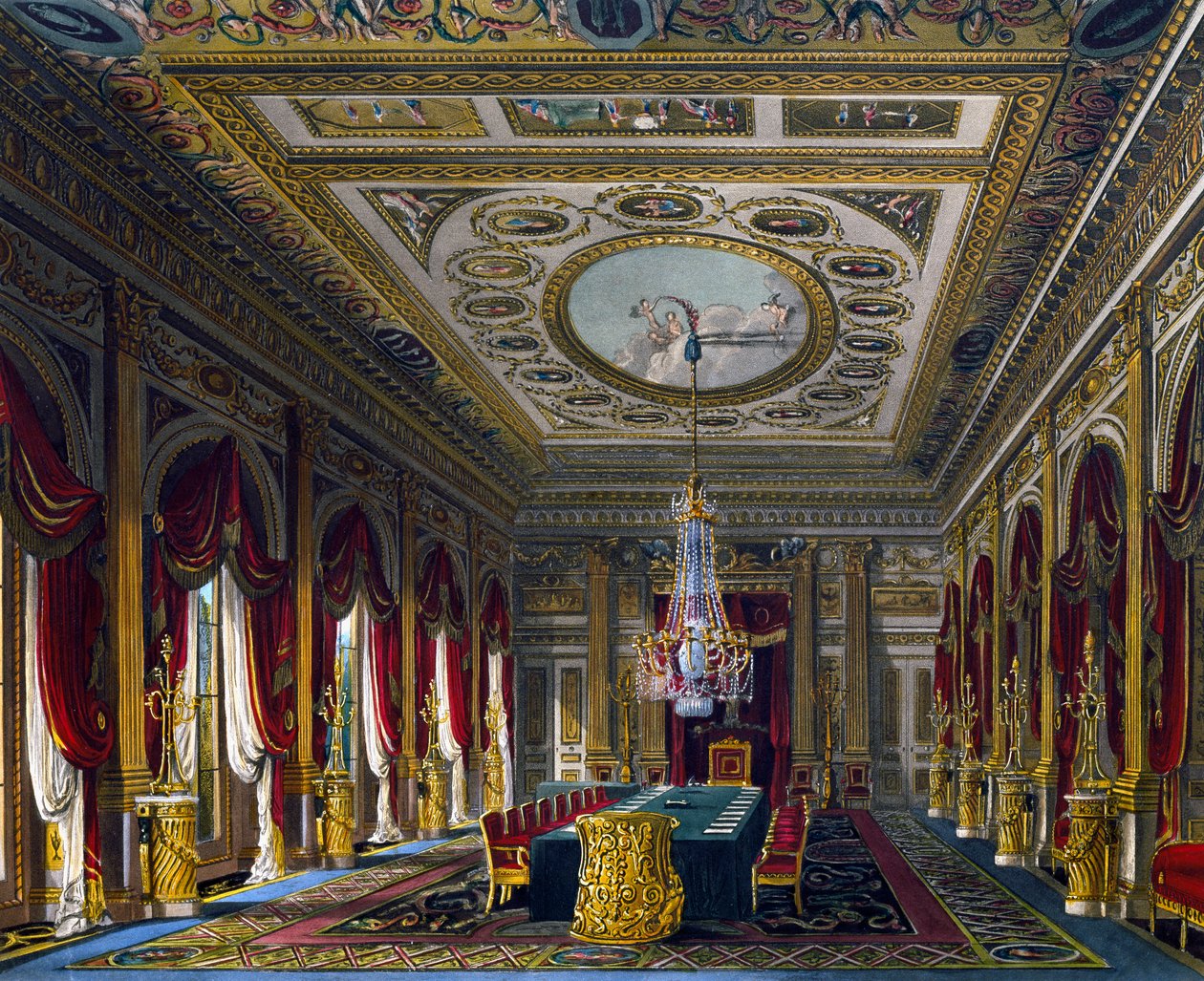 Sala del trono, incisione di Thomas Sutherland, basata su un disegno di Charles Wild, da The History of the Royal Residences da Charles (after) Wild