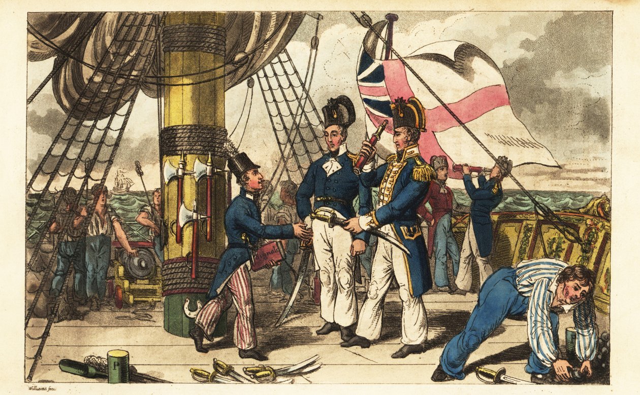 Il capitano Spring nomina il guardiamarina Newcome suo aiutante di campo e gli consegna la spada sul ponte della HMS Victory da Charles (c.1797 1850) (after) Williams