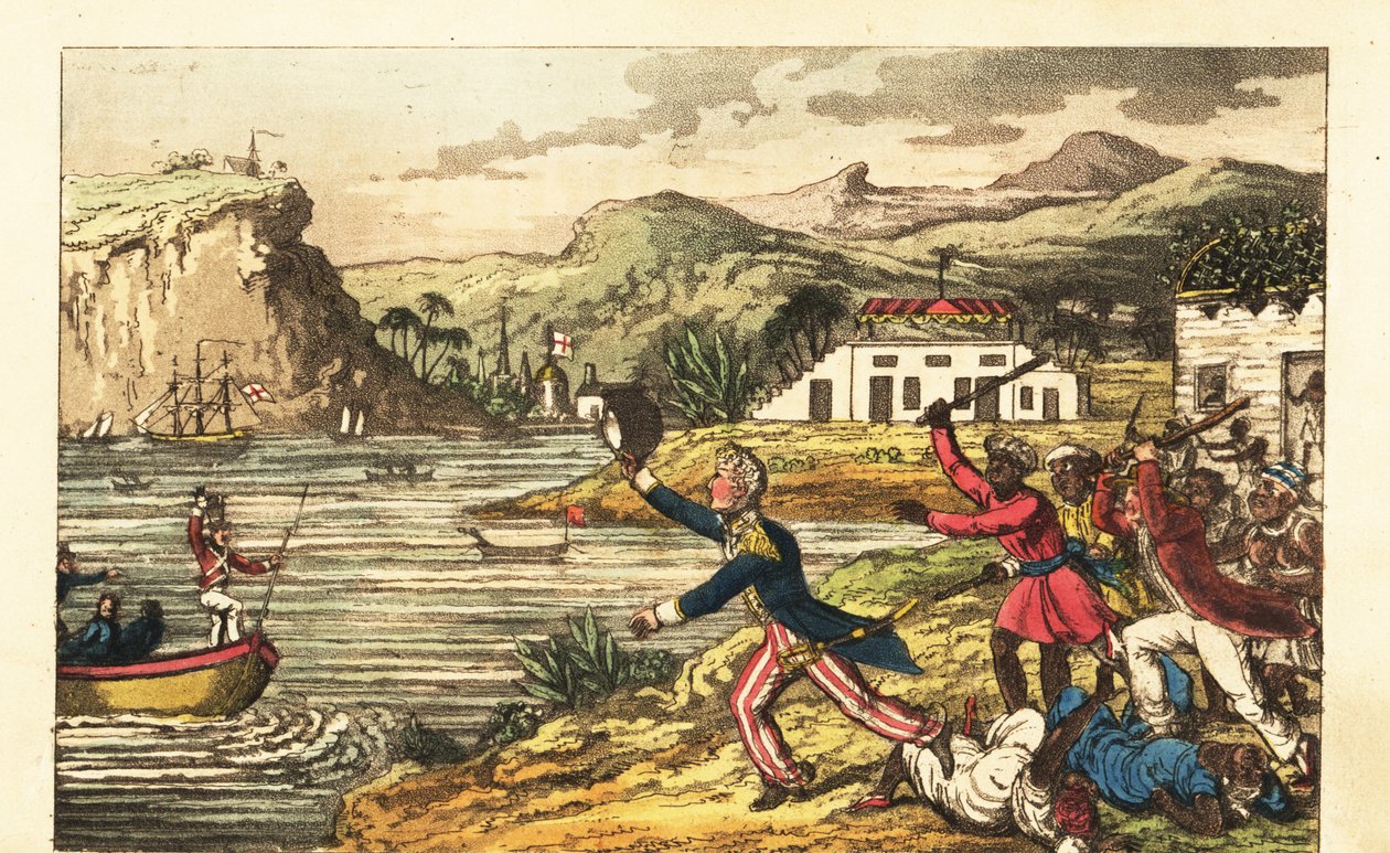 Ufficiale della Marina inglese fugge da un piantatore Massa arrabbiato e uomini schiavi Quashee brandendo bastoni in Giamaica da Charles (c.1797 1850) (after) Williams