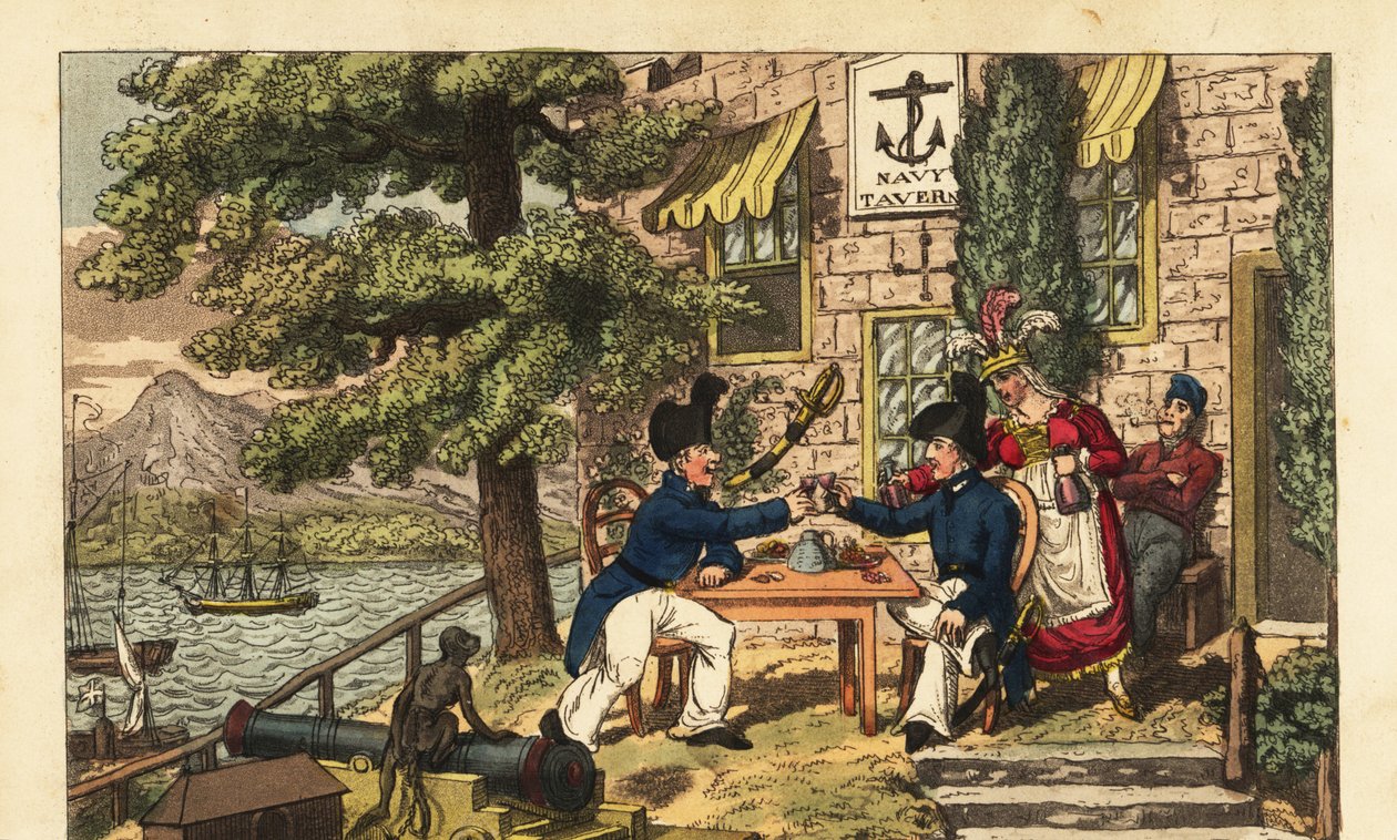 Guardiamarina Newcome e il compagno del maestro Spunyarn che bevono vino nero o Malaga alla Taverna della Marina, sulla cima di Scud Hill, Gibilterra da Charles (c.1797 1850) (after) Williams