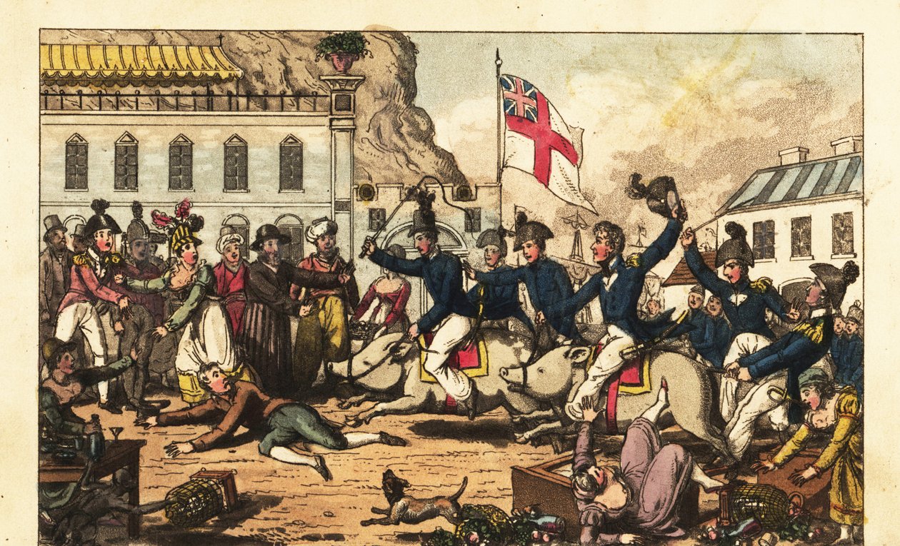 Ufficiali della Royal Navy che cavalcano maiali con selle attraverso il mercato di Gibilterra da Charles (c.1797 1850) (after) Williams