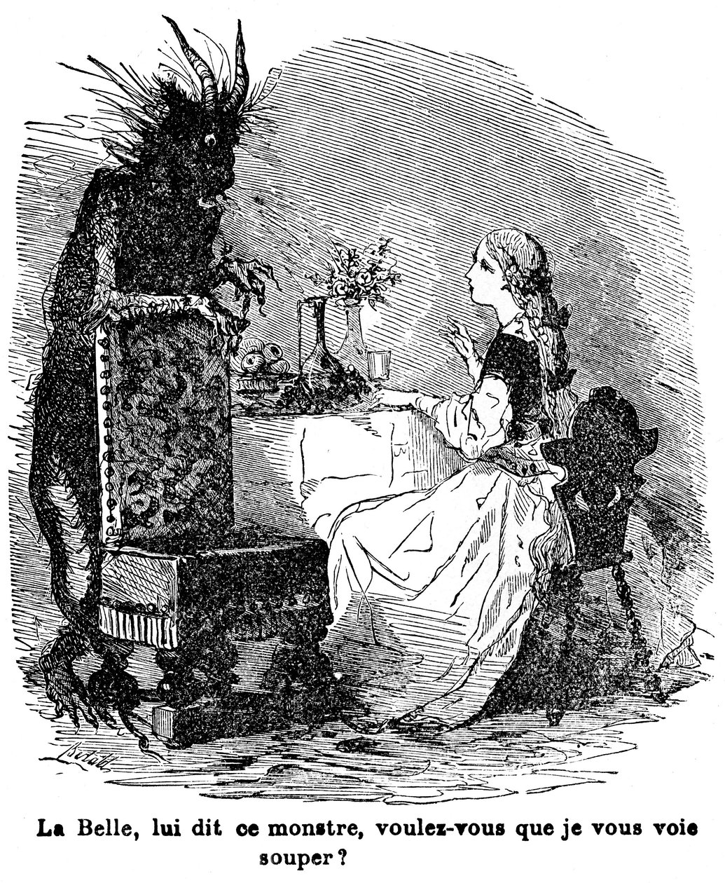 Illustrazione per il racconto di Madame Jeanne Marie Leprince de Beaumont "La Bella e la Bestia", XIX secolo da Charles Albert dArnoux Bertall