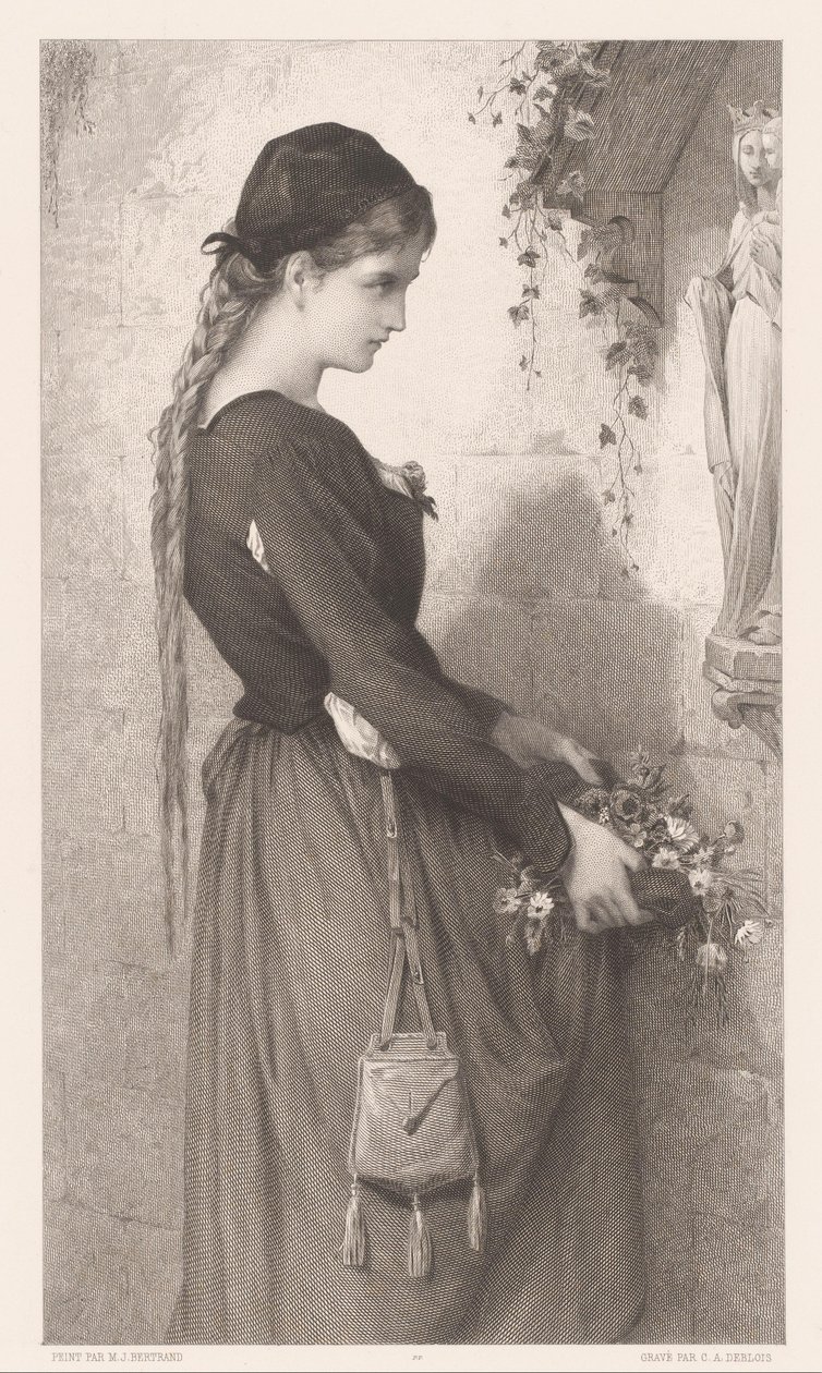 Giovane donna porta fiori a una nicchia con statua della Madonna da Charles Alphonse Deblois