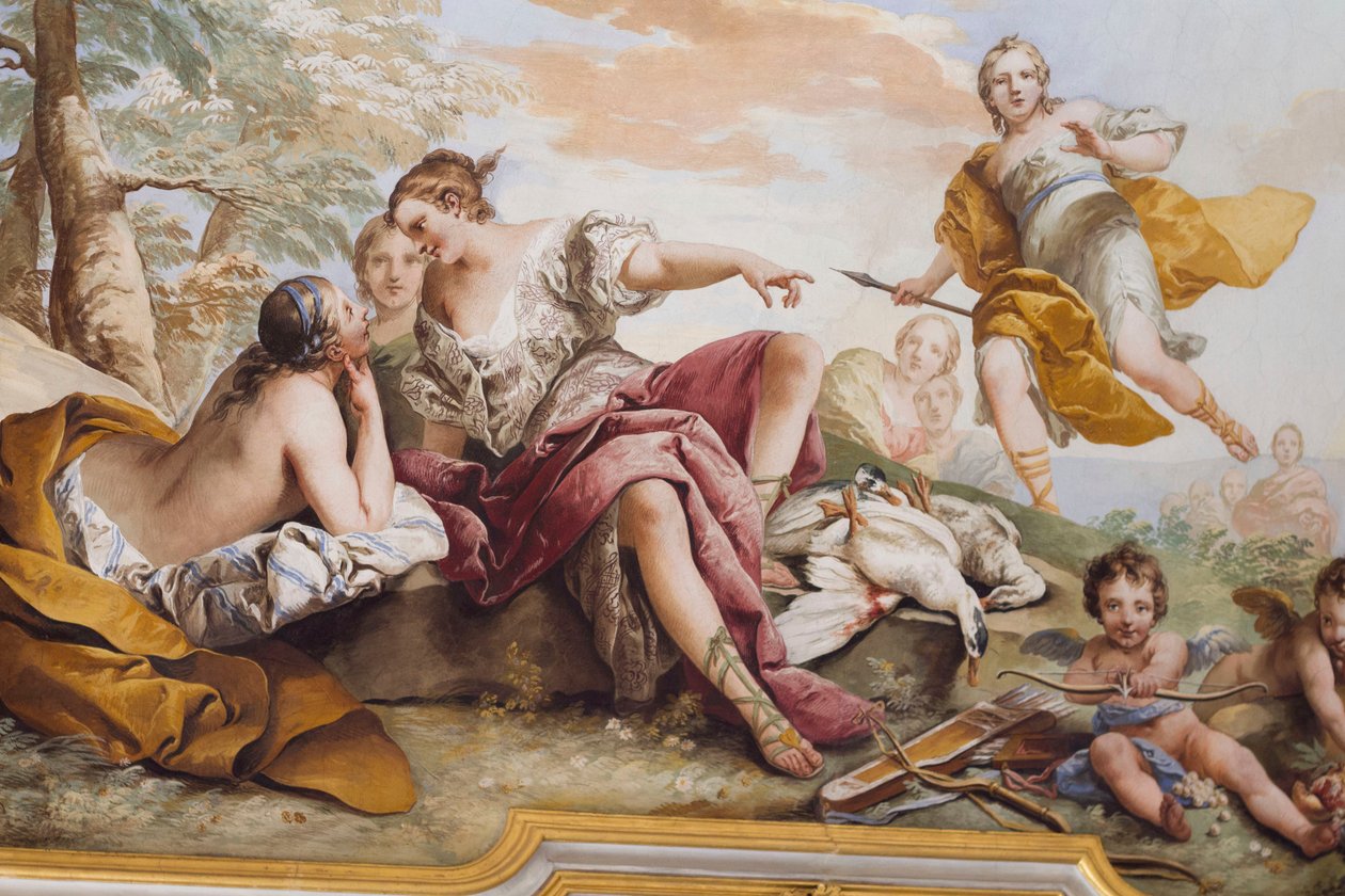 Il riposo di Diana tra le Ninfe, affresco, soffitto a volta della camera da letto, appartamento della Regina, Stupinigi, Piemonte, Italia da Charles André van Loo