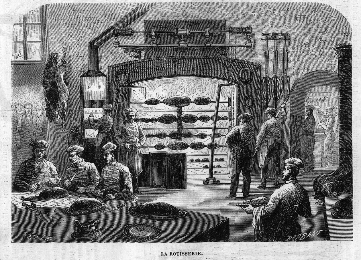 La rosticceria delle cucine del Palazzo delle Tuileries, nel 1864. Incisione di F. Lix e Barbant da un disegno di Moullin da Charles Barbant