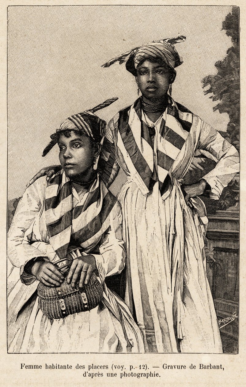 Donne che vivono nei placers, depositi minerari. Incisione di Barbant per illustrare la storia "chez nos indiens, quattro anni di viaggio nella Guyana francese" da Charles Barbant