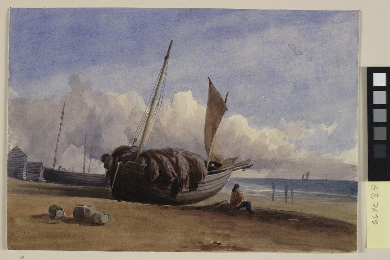 Barca da pesca arenata con pescatore seduto da Charles Bentley