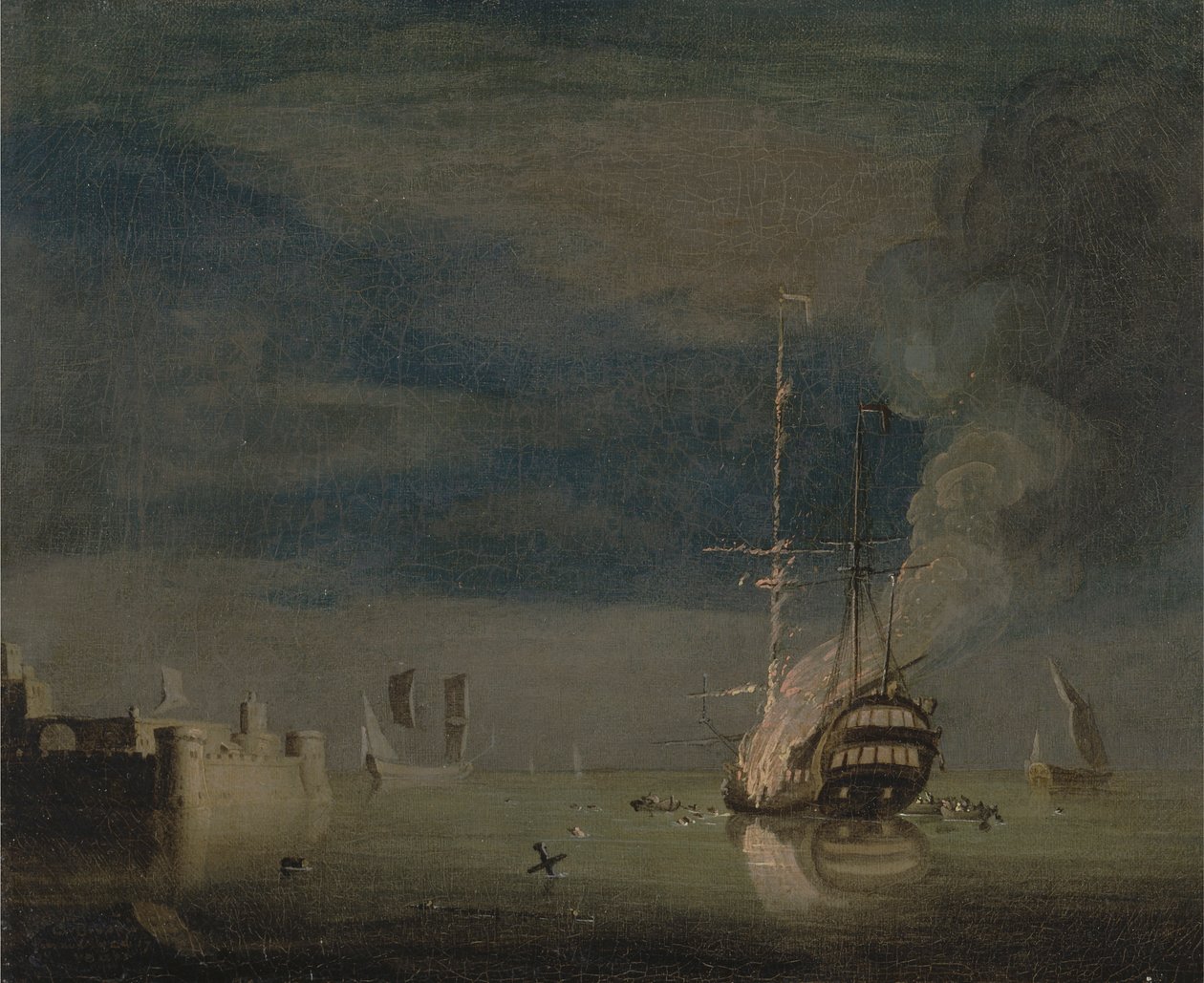 Un due ponti in fiamme di notte al largo di un forte da Charles Brooking
