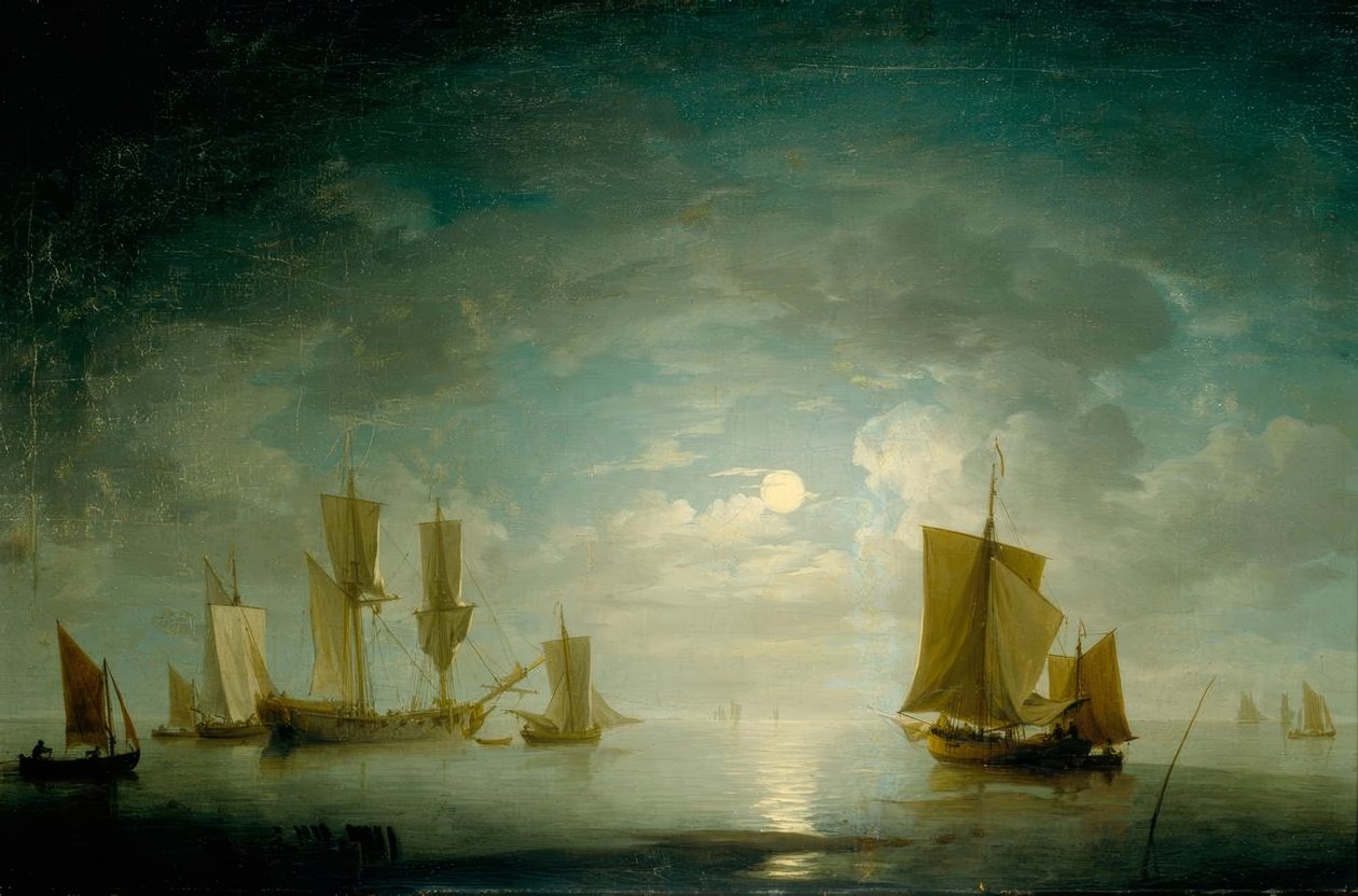 Una fregata inglese e imbarcazioni costiere calme al chiaro di luna da Charles Brooking