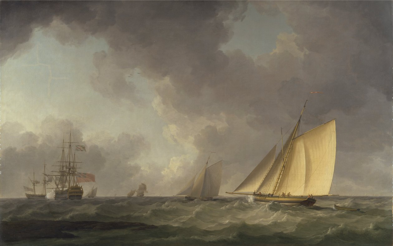 Cutter con vele tese in una brezza fresca, con altre navi da Charles Brooking