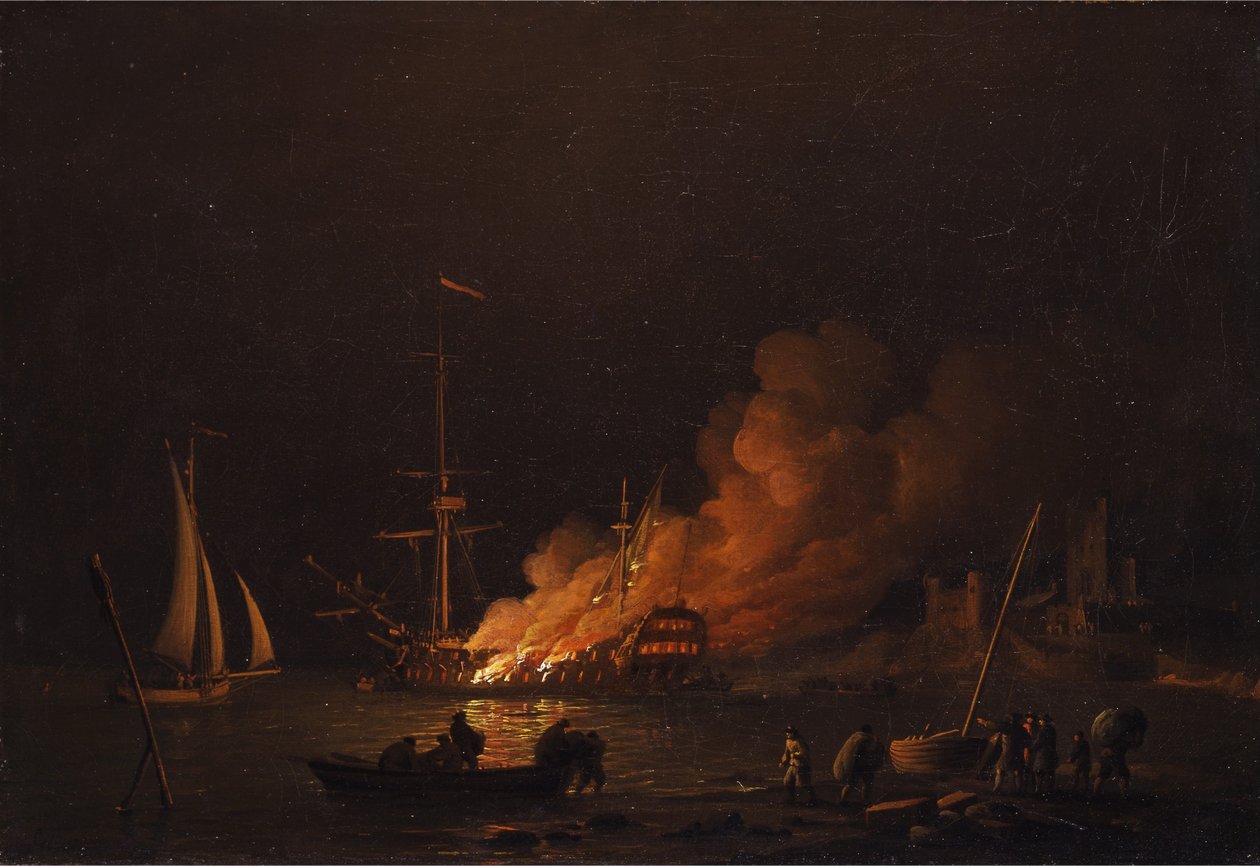Nave in fiamme di notte da Charles Brooking