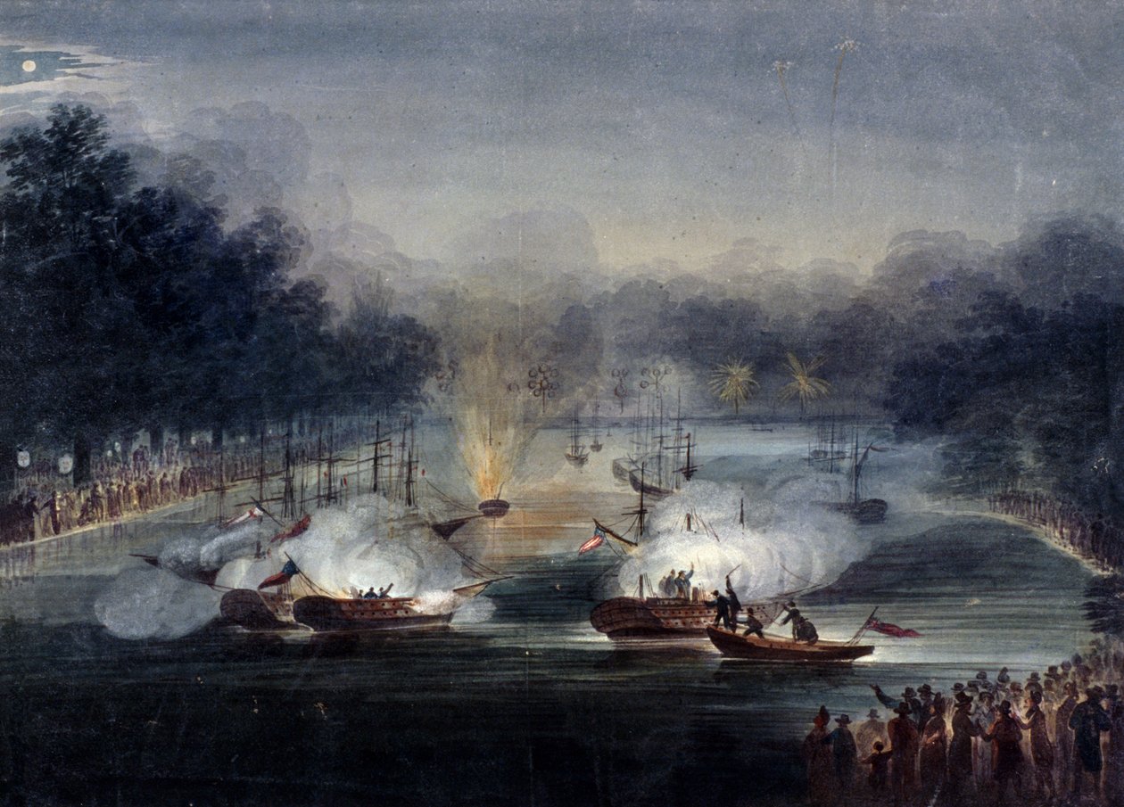 Vista di una finta battaglia sul Serpentine, Hyde Park, Londra, 1814 da Charles Calvert