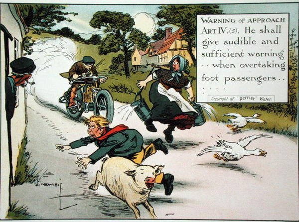 Avviso di avvicinamento. Art. IV.(5) Deve dare un avviso udibile e sufficiente...quando supera i pedoni, da un libro di regole della strada, pubblicato c.1905 da Charles Crombie