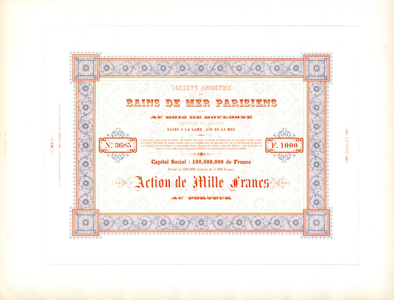 Certificato azionario "Bagni marini parigini" (stampa) da Charles Derriey