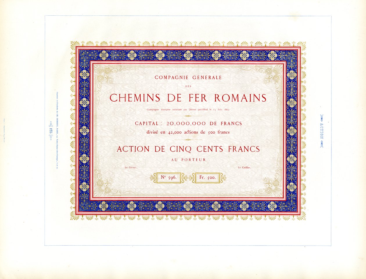 Certificato azionario "Ferrovie romane" (stampa) da Charles Derriey