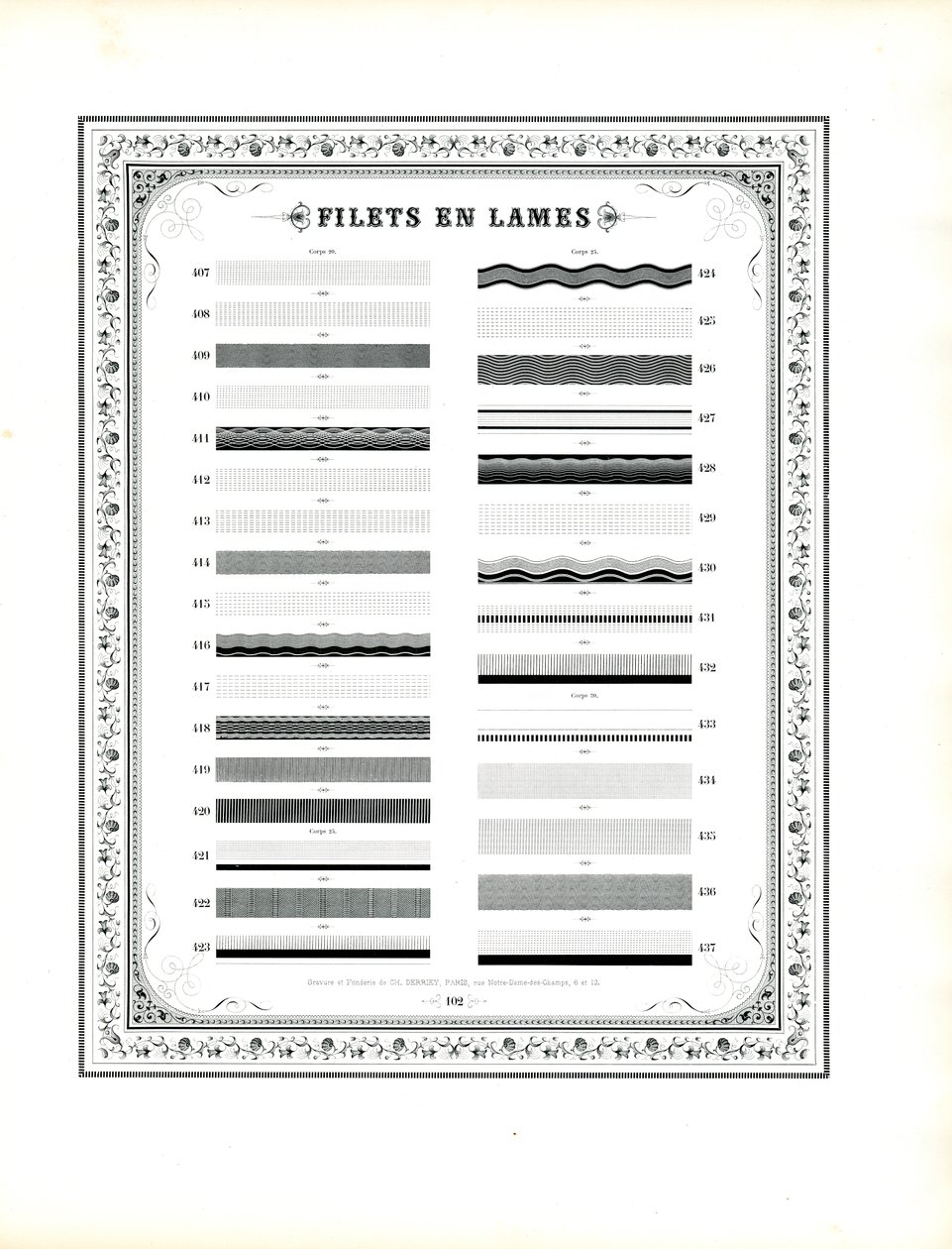 Regole decorative tipografiche con bordo floreale (stampa) da Charles Derriey