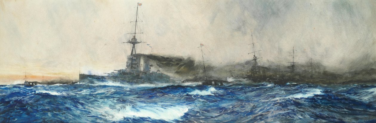 La HMS Iron Duke alla testa delle altre navi capitali della flotta da Charles Dixon
