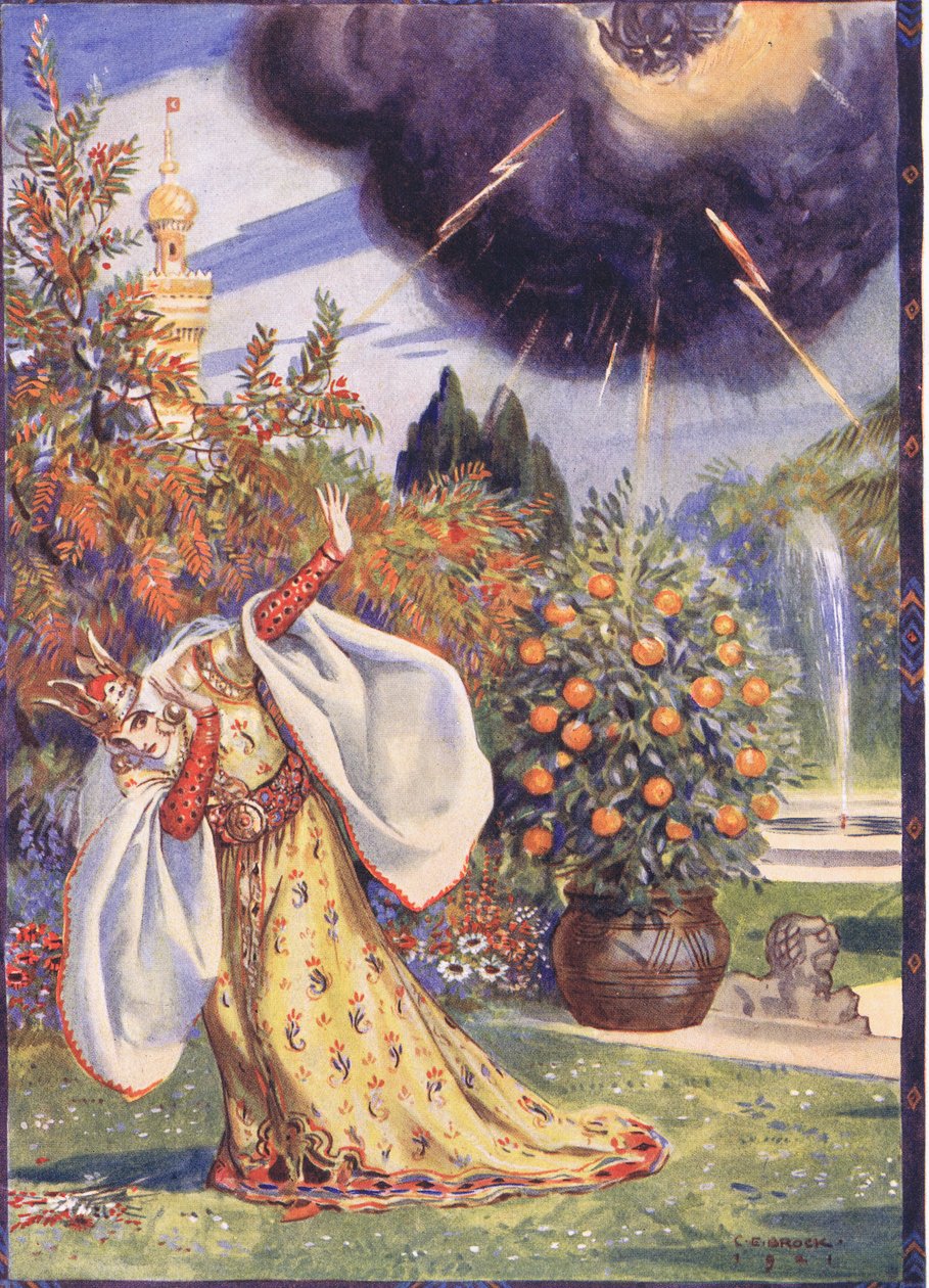 Apparve una nuvola densa da cui uscivano fulmini, scena da Sucna Murga in Storie per bambini dalle leggende rumene di Moses Gaster (1856-1939) 1921 da Charles Edmund Brock