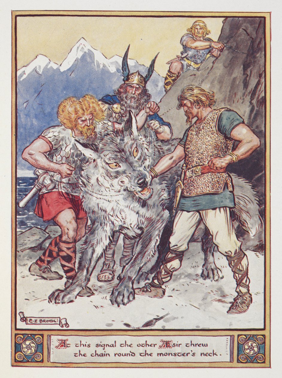 Al segnale gli altri Esir gettarono la catena intorno al collo del mostro. Tyr promette la sua mano per incatenare il lupo Fenrir, illustrazione da 