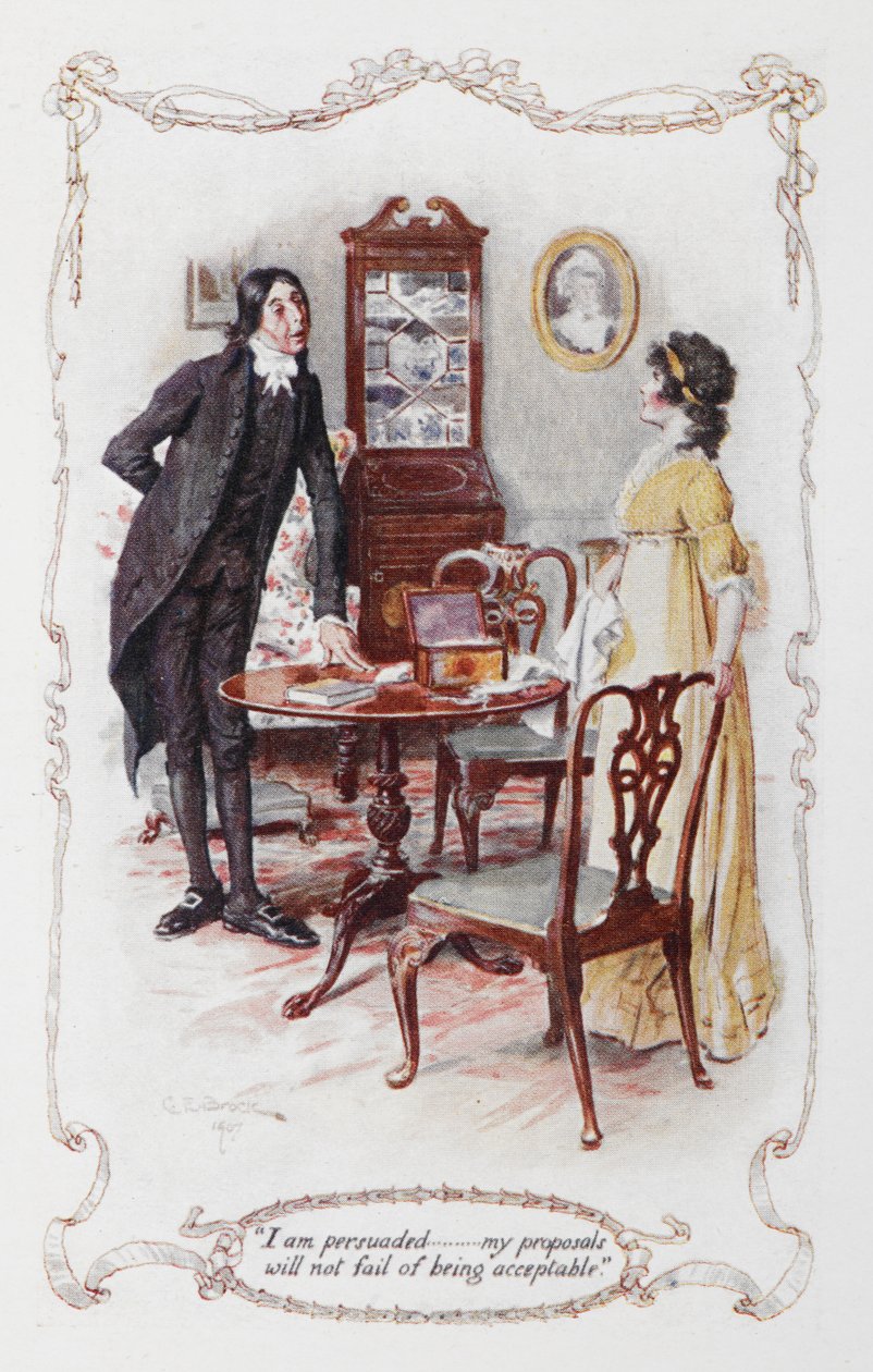"Ero persuaso... le mie proposte non mancheranno di essere accettabili", Mr Collins ed Elizabeth Bennet, illustrazione per 
