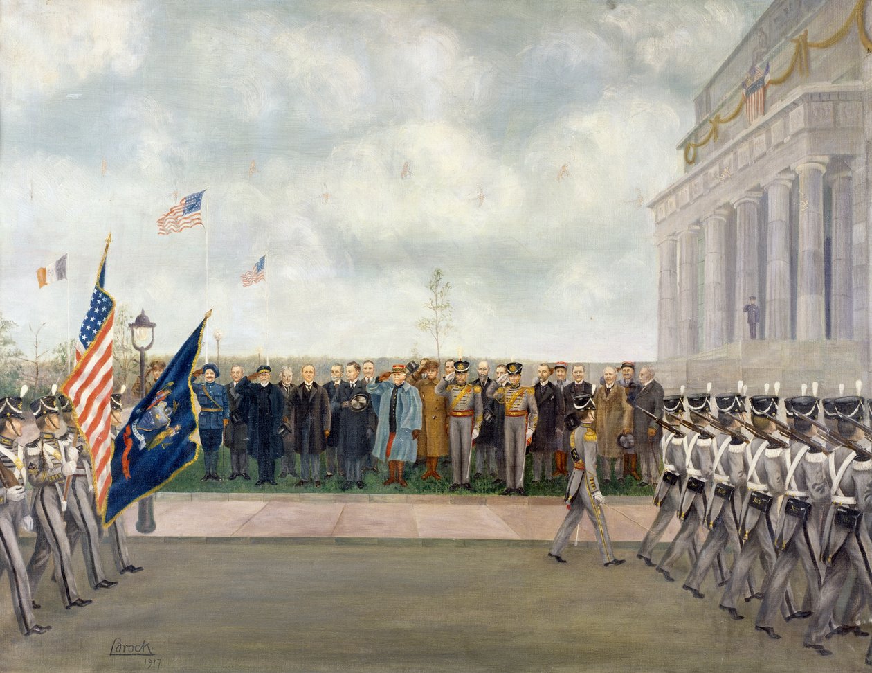Il maresciallo Joffre in missione a Washington ispeziona gli studenti di West Point, primavera 1917, di Charles Edmund Brock (1870-1938), Prima Guerra Mondiale, Stati Uniti, XX secolo da Charles Edmund Brock
