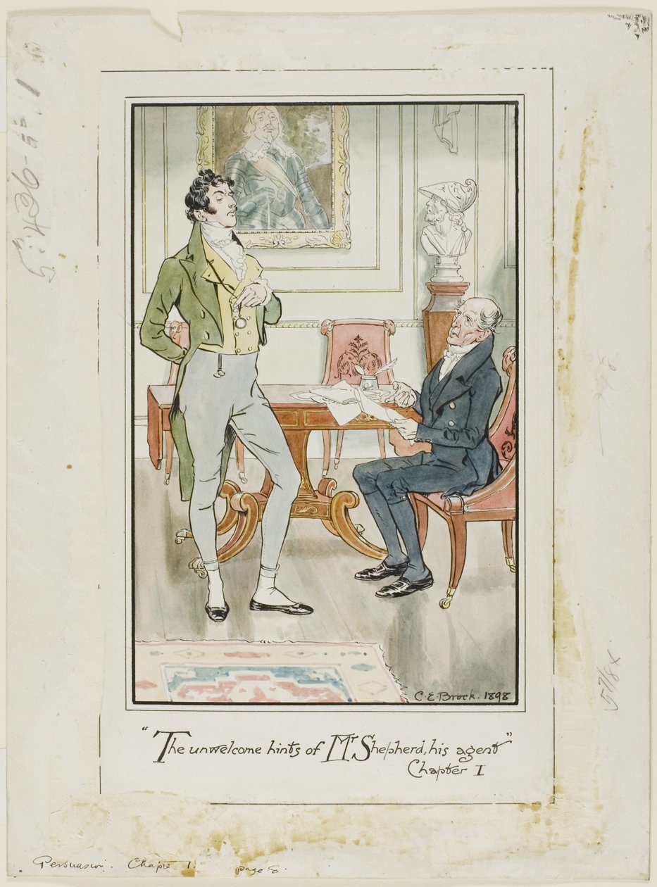 "Le sgradite allusioni di Mr. Shepherd, il suo agente", capitolo I", frontespizio di Persuasione di Jane Austen. da Charles Edmund Brock
