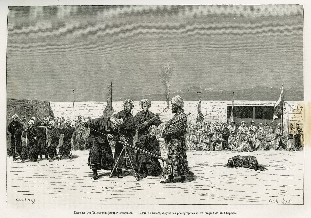 Esercizi di manipolazione dei fucili Taifourchi, truppe armate e addestrate dai militari cinesi, disegno di Delort, per illustrare i ricordi di un