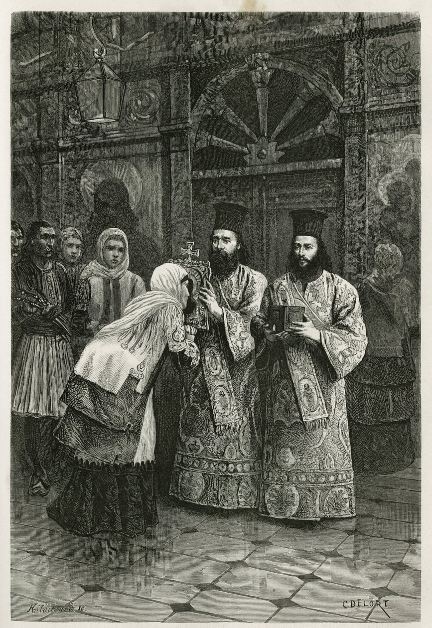 Sacerdoti che danno a baciare le immagini sacre, incisione di Ch. Delort, per illustrare il viaggio di Henri Belle in Grecia nel 1861, 1868 e 1874, pubblicato in Le tour du monde, sotto la direzione di Edouard Charton da Charles Edouard Delort