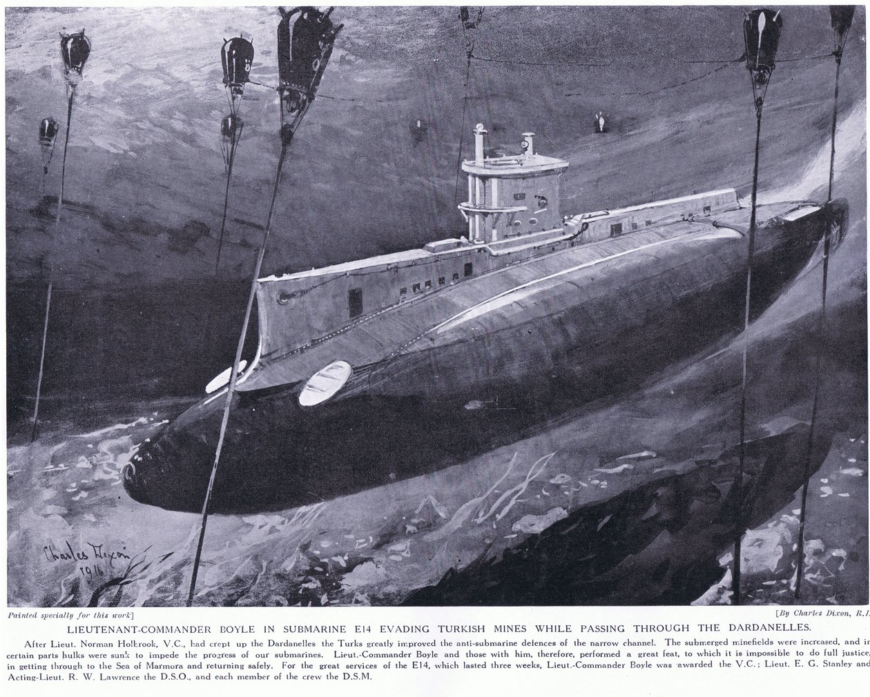 Il Tenente Comandante Boyle premiato con la VC per aver evitato le mine turche nel suo sottomarino mentre attraversava i Dardanelli, 1915 da Charles Edward Dixon