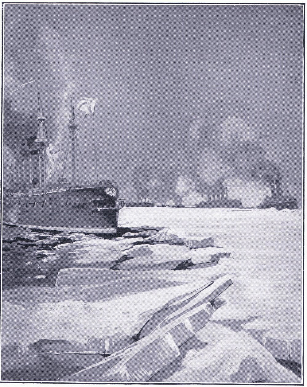La squadra di Vladivostok che si fa strada attraverso il ghiaccio fuori dal porto di Vladivostok, illustrazione da Cassells History of the Russo-Japanese War Vol 1, c.1900 da Charles Edward Dixon