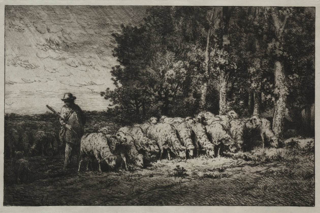 Un gregge al margine di una foresta, 1880 da Charles Emile Jacque