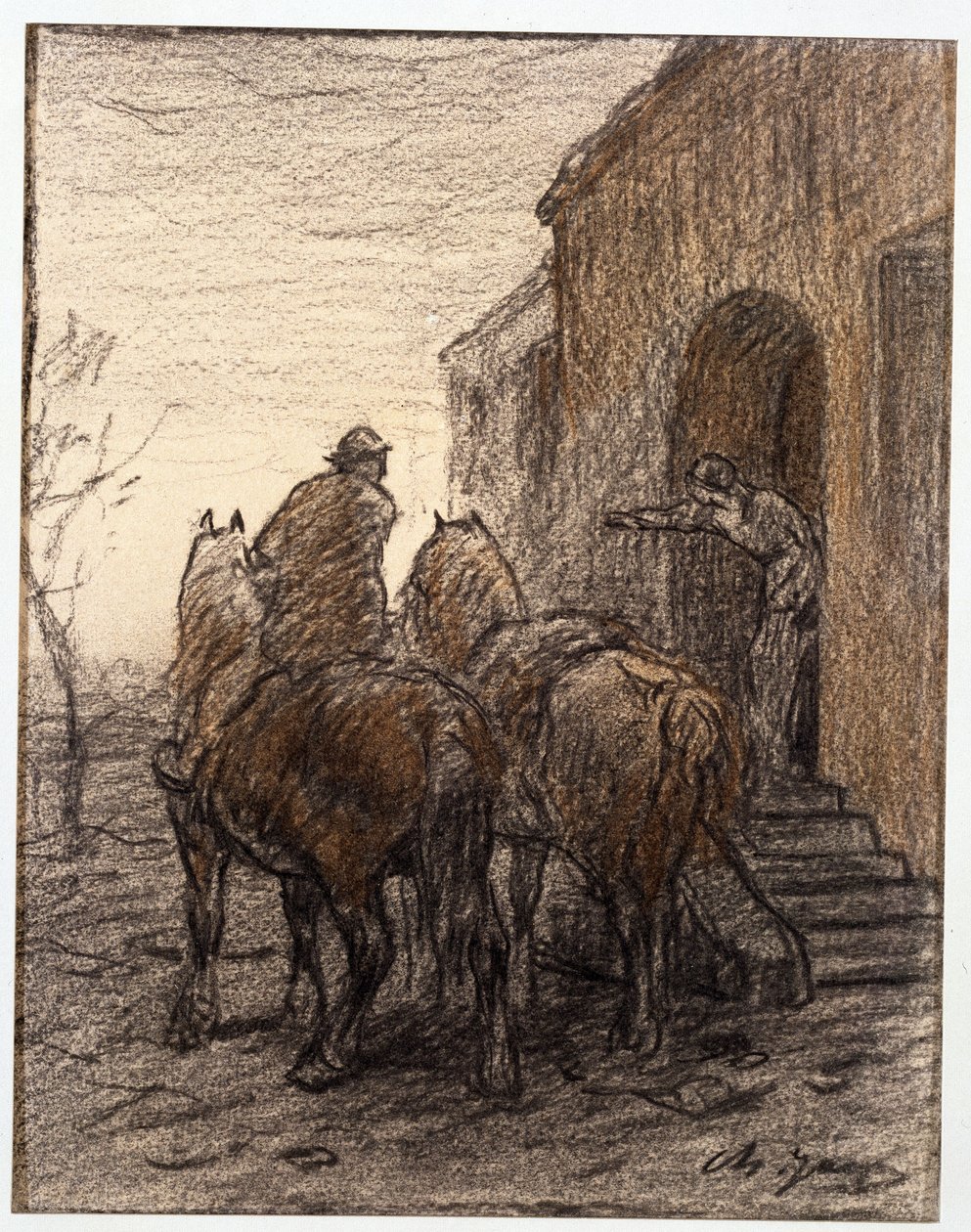 Contadino con due cavalli e donna che indica la strada da Charles Emile Jacque