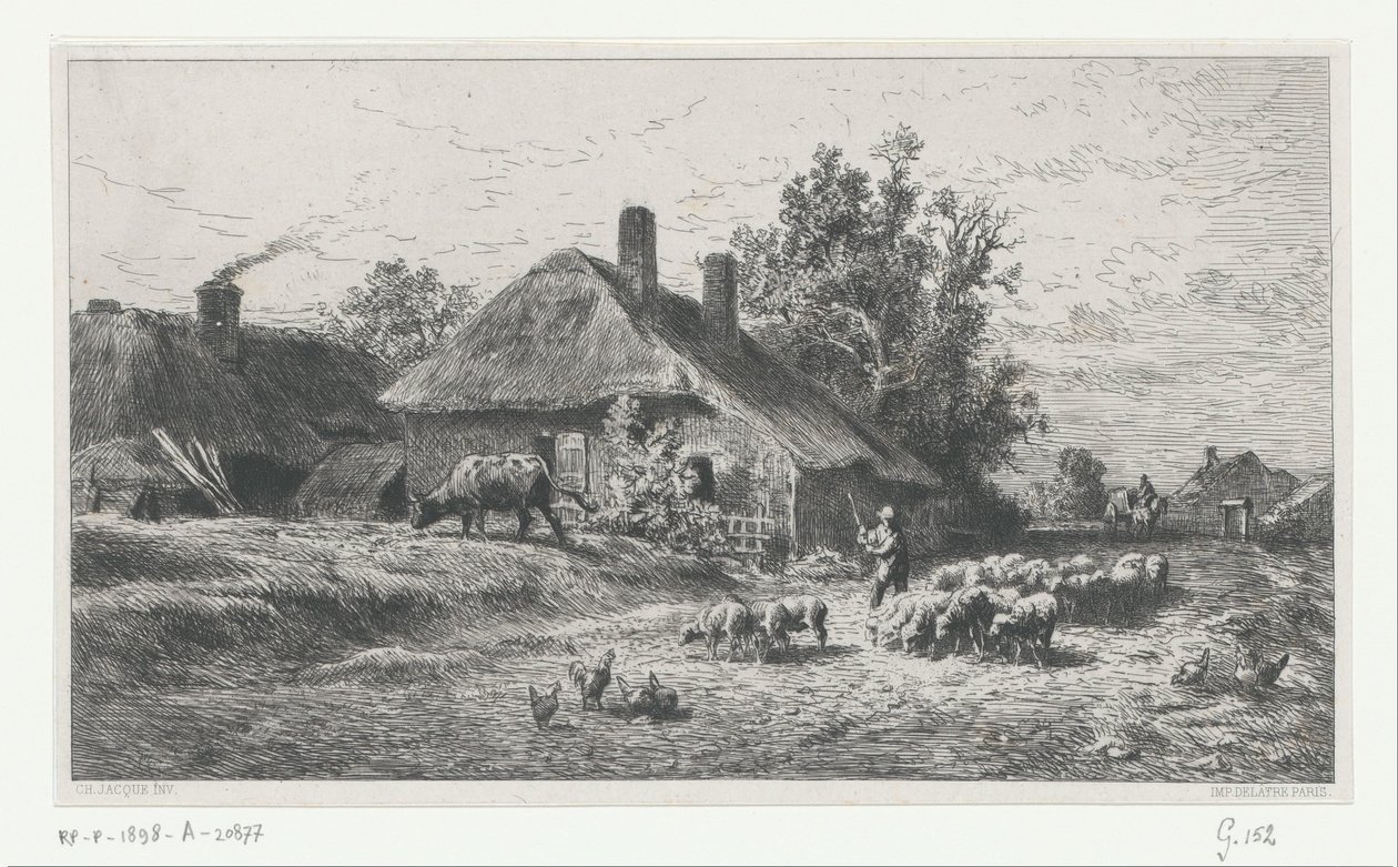 Pastore con gregge su una strada presso una fattoria da Charles Emile Jacque