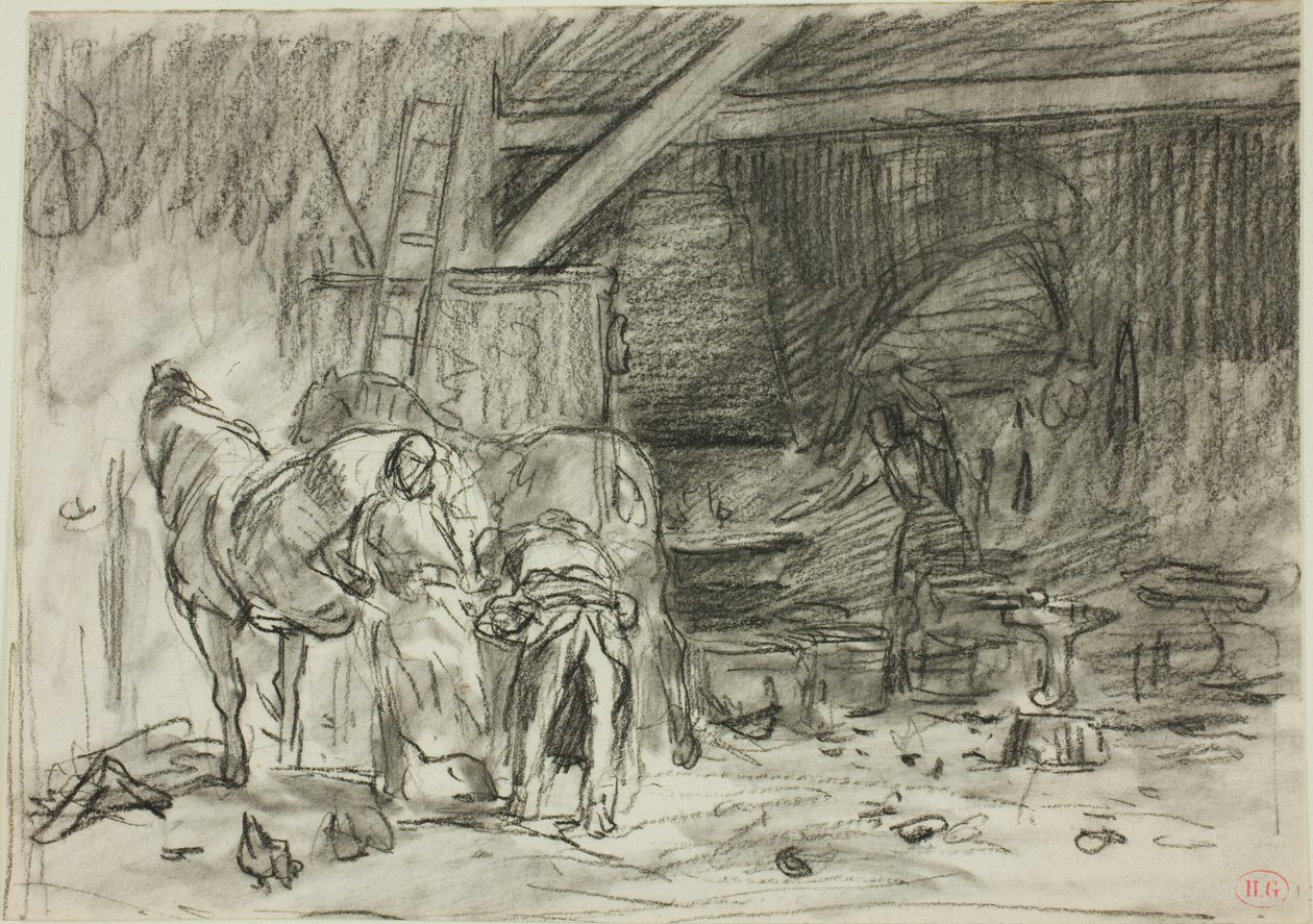 Interno di una bottega di fabbro (recto); uomo chino, visto dalla lettura (verso) da Charles Emile Jacque