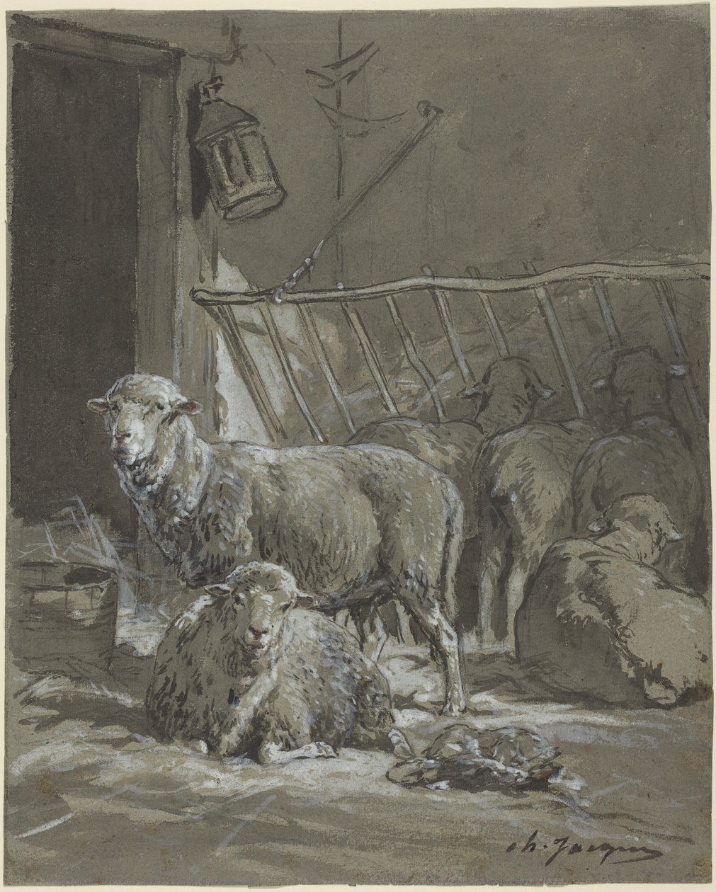 Pecore in una mangiatoia da Charles Emile Jacque