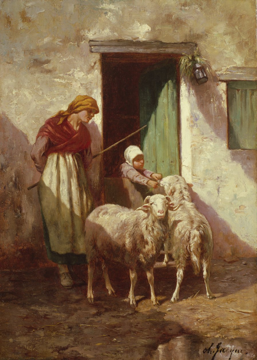 Pastorella con un Bambino e Due Pecore da Charles Emile Jacque