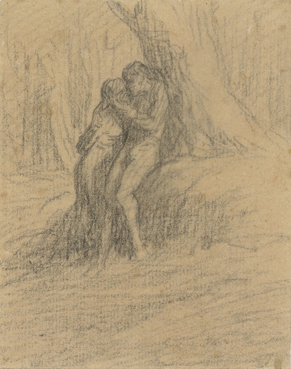 Coppia di contadini che si bacia sotto un grande albero da Charles Emile Jacque