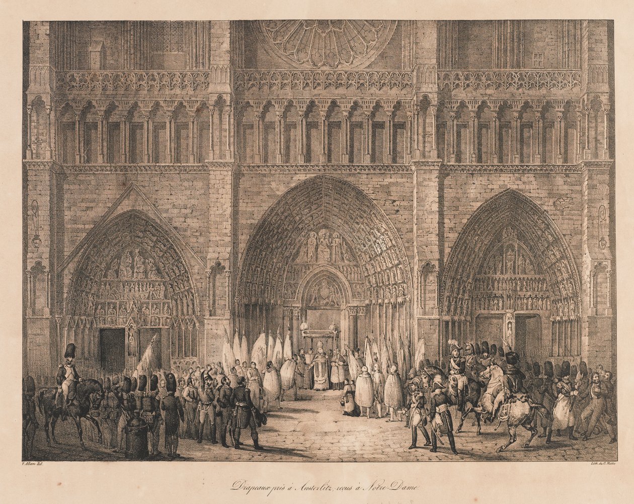 Bandiere prese ad Austerlitz ricevute a Notre Dame, inizi XIX secolo (litografia) da Charles Etienne Pierre Motte