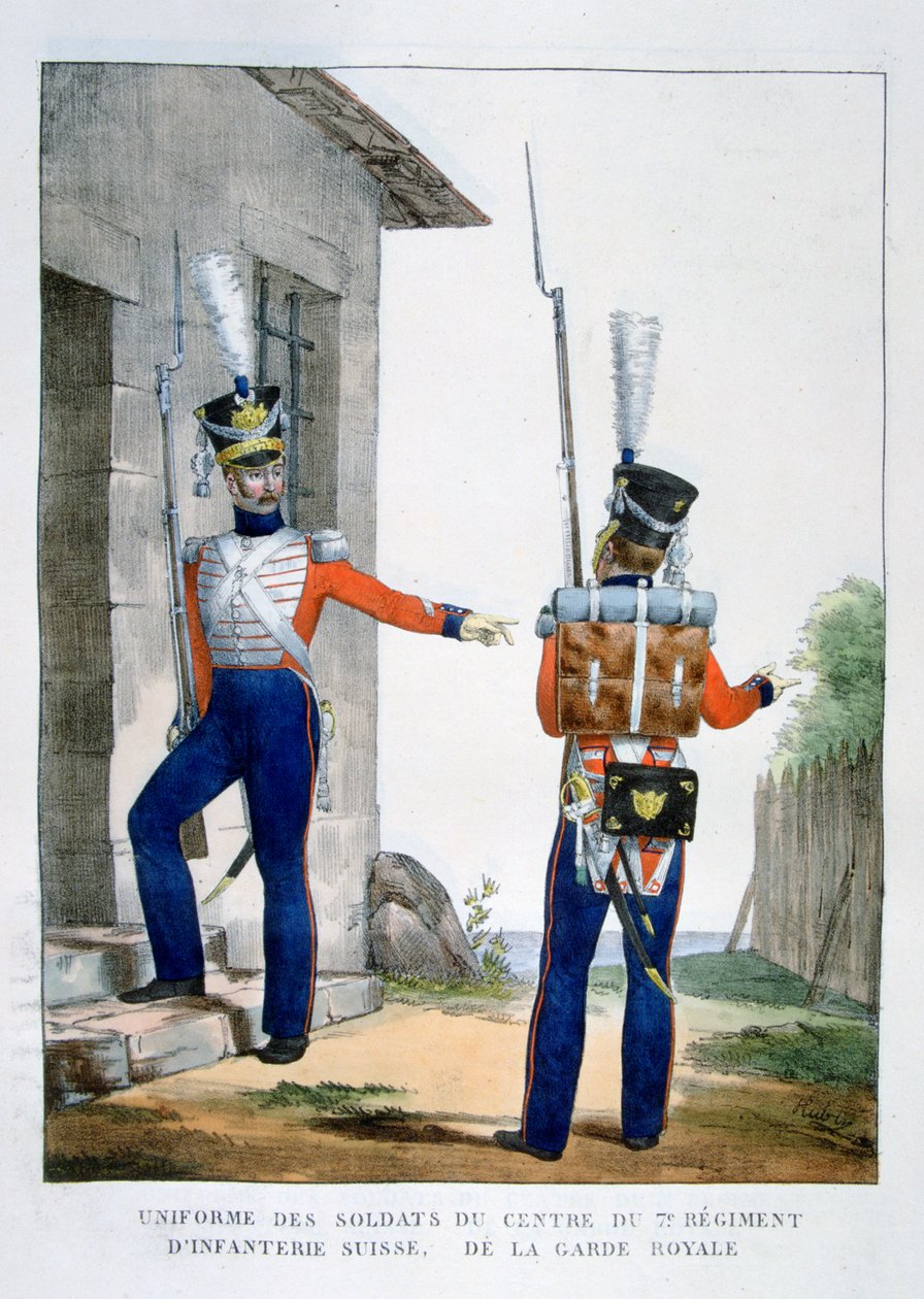 Uniforme del 7° Reggimento di fanteria svizzera della guardia reale, Francia, 1823 da Charles Etienne Pierre Motte
