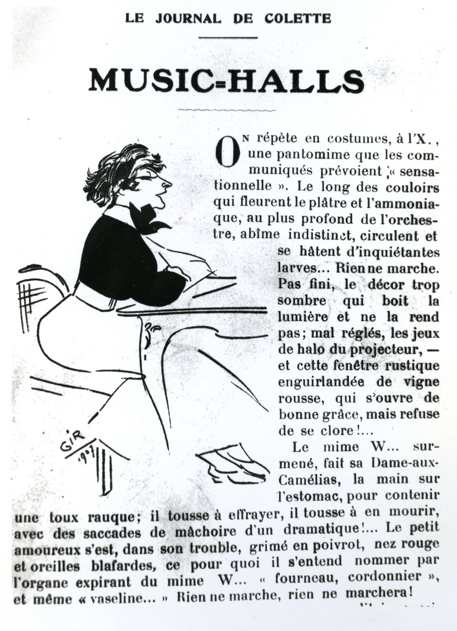 Caricatura di Colette dal suo saggio sui Music-Halls in Vrilles de la Vigne, pubblicato in La Vie Parisienne, Parigi da Charles Felix Gir