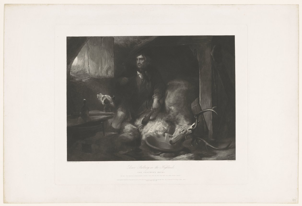 Caccia al cervo nelle Highlands. La capanna del bracconiere. Dopo Edwin Landseer, con indirizzi di Boys e Graves e Gambart da Charles Fox