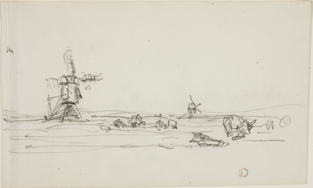 Paesaggio in Olanda (recto); schizzo di mulini a vento sull