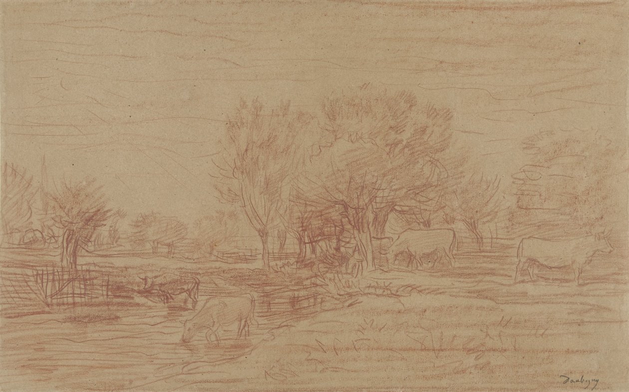 Paesaggio con mucche che pascolano e bevono e un toro che osserva da Charles Francois Daubigny