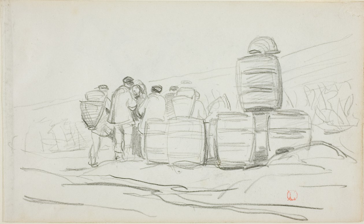 Studio di un gruppo di persone con barili (recto); due studi di una donna intenta a spigolare (verso) da Charles Francois Daubigny