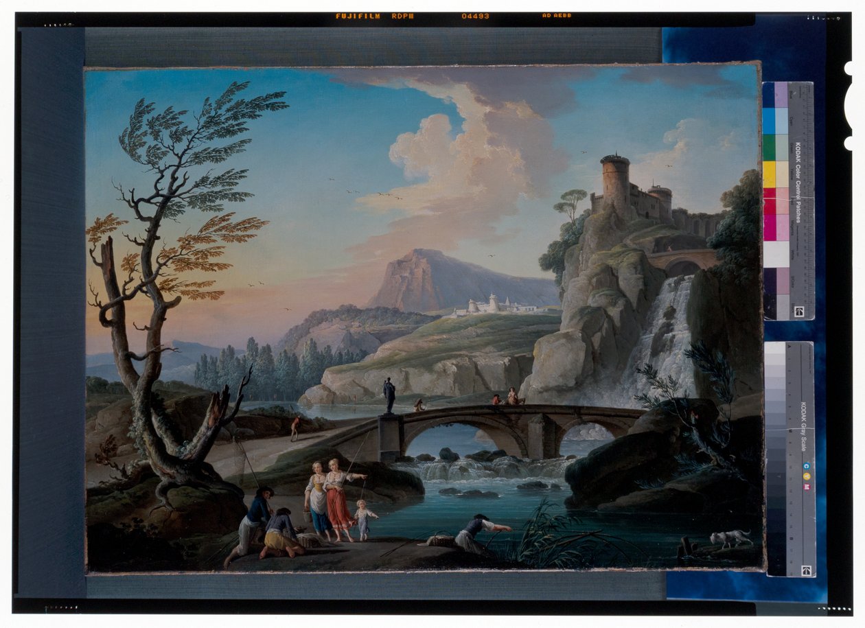 Un paesaggio fluviale con pescatori che tirano le reti, un paesaggio roccioso e un ponte pedonale oltre da Charles François Grenier de Lacroix
