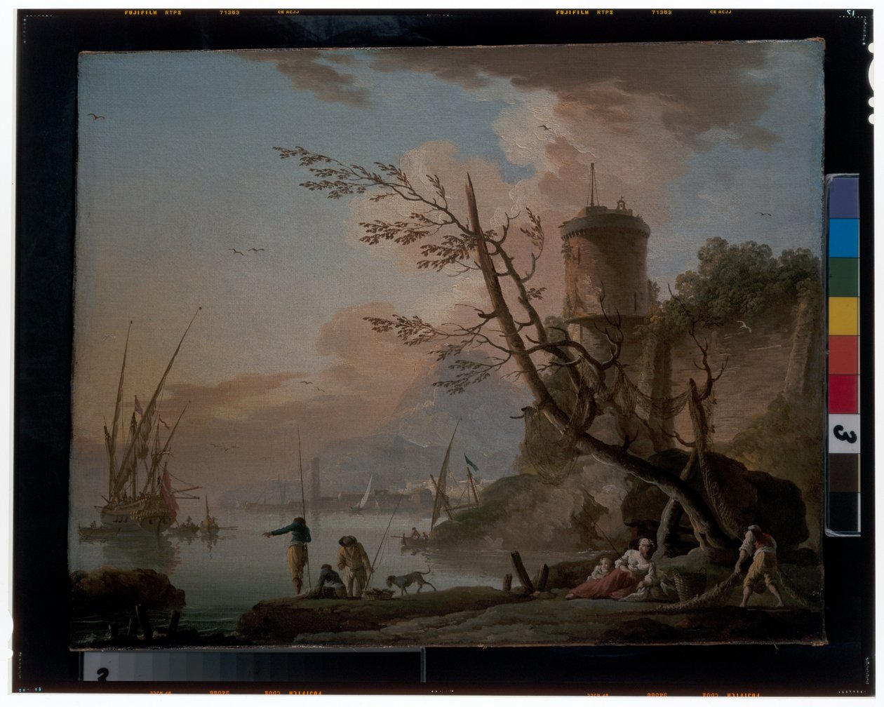 Uomini che pescano con donne che riposano sotto una torre da Charles François Grenier de Lacroix