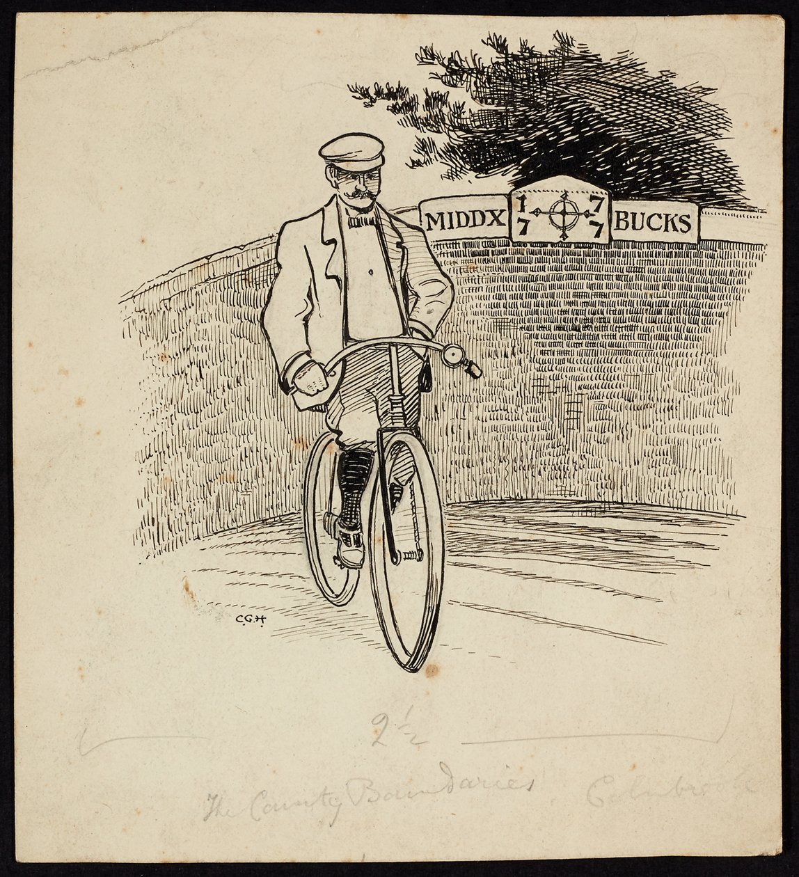 Un uomo in bicicletta davanti a un cartello che segna il confine tra Middlesex e Buckinghamshire da Charles George Harper